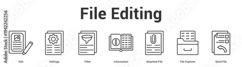 File Editing web banner icon set vector illustration concept for business with icon of Edit, Settings, Filter, Information, Attached File, File Explor.
