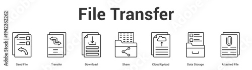 File Transfer web banner icon set vector illustration concept for business with icon of Send File, Transfer, Download, Share, Cloud Upload, Data Stora.