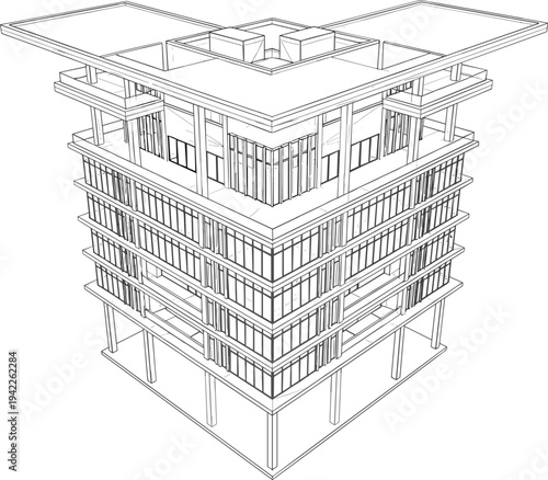 Aerial corner perspective of a modern multi-story modular building featuring symmetrical glass curtain walls, vertical columns, and a geometric rooftop atrium.