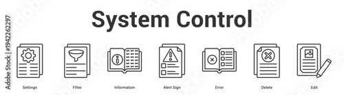 System Control web banner icon set vector illustration concept for business with icon of Settings, Filter, Information, Alert Sign, Err.