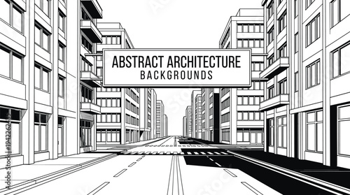 Artistic street-level perspective of a modern urban thoroughfare featuring minimalist contemporary apartment blocks, bold high-contrast shadows, and a central roadway.