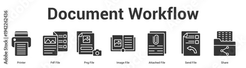 Document Workflow web banner icon set vector illustration concept for business with icon of Printer, Pdf File, Png File, Image File, Attached File, S.