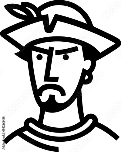 Hand Drawn Male Pirate Black and White Avatar Illustration in Minimal Line Art Style Design