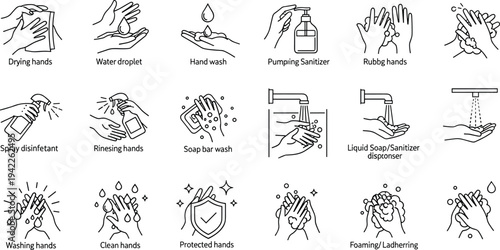 Black line hygiene icons featuring hand washing rinsing drying pumping sanitizer spraying disinfectant and protective health safety protocols