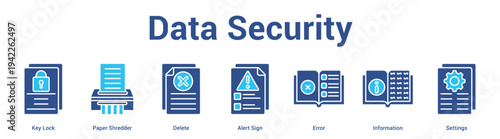 Data Security web banner icon set vector illustration concept for business with icon of Key Lock, Paper Shredder, Delete, Alert Sign, Err.