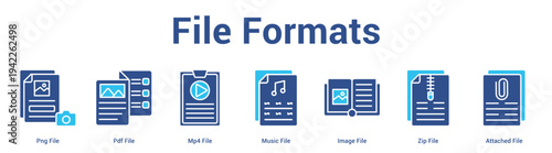 File Formats web banner icon set vector illustration concept for business with icon of Png File, Pdf File, Mp4 File, Music File, Image File, Zip Fi.