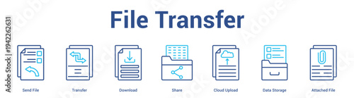 File Transfer web banner icon set vector illustration concept for business with icon of Send File, Transfer, Download, Share, Cloud Upload, Data Stora.