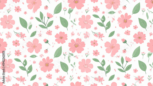 Seamless Floral Pattern with Pink Flowers and Green Leaves – Flat Vector Repeating Background