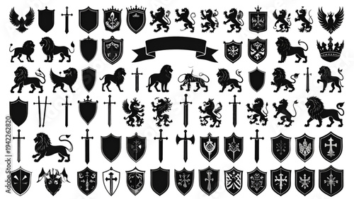Medieval Heraldry Elements Collection with Swords Shields Lions Crowns and Banners Black Vector Set