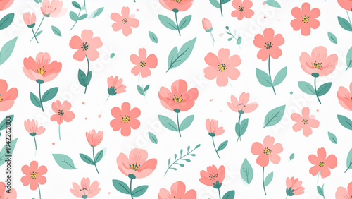 Seamless Floral Pattern with Pink Flowers and Green Leaves – Flat Vector Repeating Background