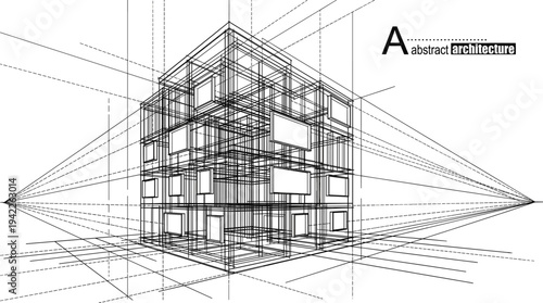 Complex geometric cubic building wireframe with two point perspective lines for abstract architectural drafting and digital modeling concepts.