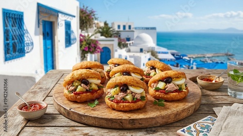 Traditional Tunisian Fricasse Sliders with a View port of Sidi Bou Said