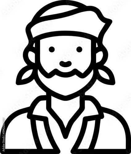 Hand Drawn Male Pirate Black and White Avatar Illustration in Minimal Line Art Style Design