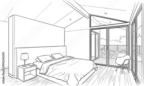 Contemporary vaulted bedroom interior perspective featuring platform bed, sliding glass terrace doors, and designer armchair.