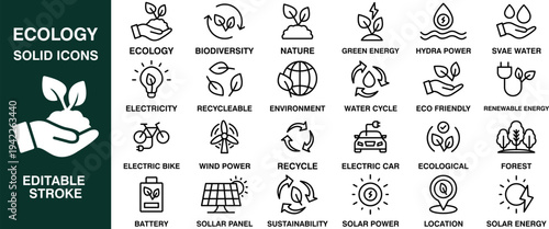 Eco & Sustainability Solid Icons Set – Green Energy, Environment, Recycling & Renewable Power Line Symbols