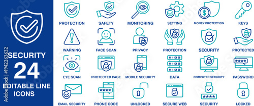 Security Editable Line Icons Set – Cyber Protection, Privacy, Data Safety & Digital Shield Outline Collection