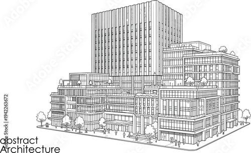 Detailed architectural sketch of a refined modern mixed-use office complex with tiered modular sections, vertical facade fins, and vibrant rooftop gardens.
