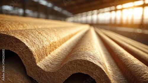 Close-up of stacked corrugated fiberboard sheets in warm sunlight, highlighting texture and industrial material.