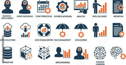 Dual-tone vector icons for business intelligence data science benchmarking predictive modeling and corporate machine learning analytics processing