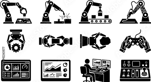 Robotics & Automation Technology Vector Icons Set: Robot Arm, Human Interface, AI, Machine Learning, Industry 4.0, and Smart Factory. Modern Engineering Graphics.