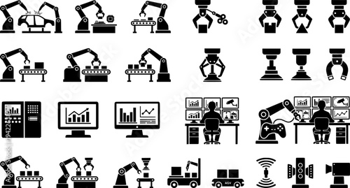 Robotics & Automation Technology Vector Icons Set: Robot Arm, Human Interface, AI, Machine Learning, Industry 4.0, and Smart Factory. Modern Engineering Graphics.