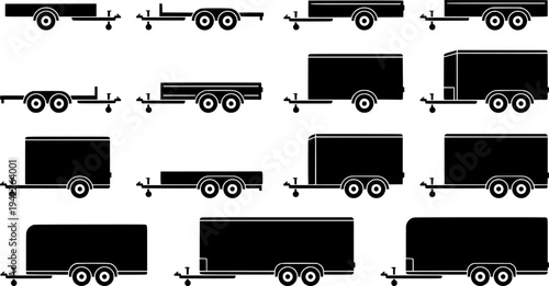 Car trailer icon set. Vector drawing. Black silhouette.
