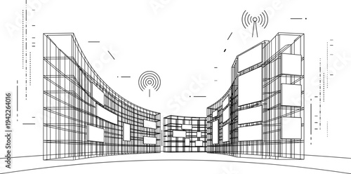 Expressive street-level perspective of a curved smart-city thoroughfare featuring wireframe buildings, electronic display panels, and digital communication icons.