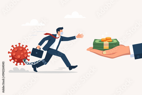 Businessman in Face Mask Chained to Coronavirus Cell Reaching for Money and Financial Aid, Concept for Economic Stimulus Package, Government Support, and Business Recovery During Global Crisis