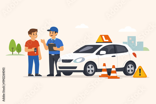 Driving School Concept with Student Holding Car Keys and Instructor with Clipboard Standing by a White Training Vehicle with L Sign, Traffic Cones, and Warning Symbol in Flat Vector Illustration.