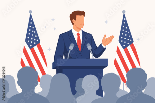 Flat Style Vector Illustration of a Male Politician in a Blue Suit and Red Tie Delivering a Speech at a Podium with Microphones and American Flags in Front of a Crowd for an Election Campaign.