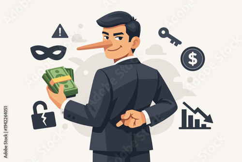 Financial Fraud Concept Illustration of a Dishonest Businessman with a Long Nose Holding Cash and Crossing Fingers Behind His Back, Representing Corporate Corruption, Scams, and Deception.