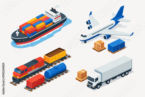 Isometric cargo transport set with container ship, freight airplane, locomotive train, and delivery truck for global logistics, shipping, and supply chain distribution on white background.