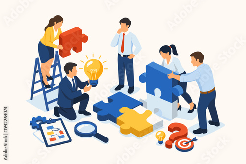 Isometric vector illustration of business people collaborating to solve a problem using jigsaw puzzle pieces, a light bulb for ideas, and strategic planning tools for teamwork and innovation.
