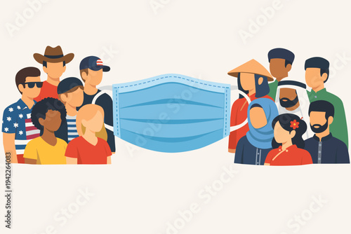Diverse Group of People from Different Cultures and Ethnicities Separated by a Large Surgical Face Mask, Flat Vector Illustration Representing Global Pandemic Social Distancing and Health Protection