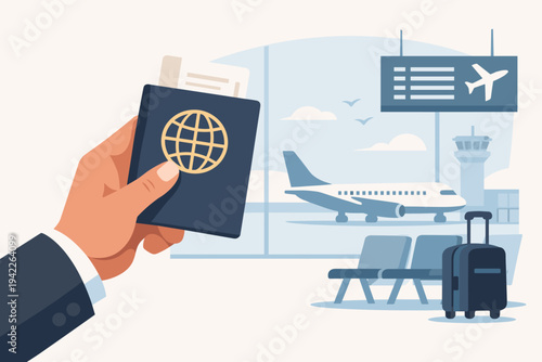 Businessman hand holding a passport and boarding pass inside an airport terminal with a plane, suitcase, and departure board in the background; travel, vacation, and business trip concept vector.