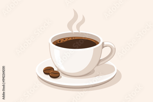 Minimalist Flat Vector Illustration of a Steaming Hot Cup of Black Coffee in a White Ceramic Mug on a Saucer with Roasted Beans, Modern Beverage Icon for Cafe Menu, Breakfast, and Morning Routine