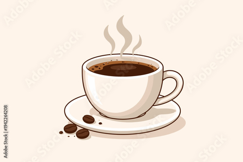 Vector Illustration of a Steaming Hot Cup of Black Coffee on a White Saucer with Roasted Coffee Beans on a Light Background, Simple Flat Design for Cafe, Breakfast, and Morning Routine Concepts.
