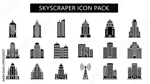 Collection of urban skyscraper icons in various styles on white