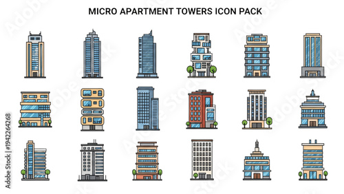 Collection of various micro apartment building icons in different styles