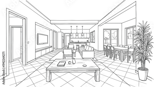 Expansive interior perspective of a modern open-plan residence featuring a large living area, eight-seat dining table, and integrated kitchen.