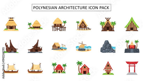 Polynesian Architecture Icons Featuring Huts, Temples, and Boats