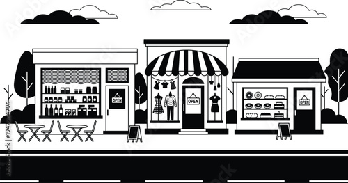 Flat-style vector illustration of a commercial streetscape featuring a café, apparel boutique, and bakery with outdoor seating and landscaping.