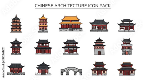 Collection of traditional Chinese architectural icons in various styles and structures