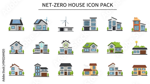 Collection of Modern Net-Zero Energy House Icons in Various Designs and Styles
