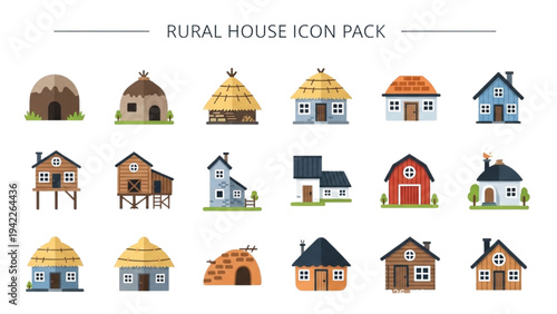 Collection of rural house illustrations from various viewpoints and environments