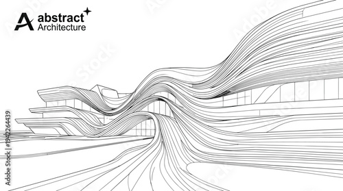 Ground-level perspective of futuristic parametric architecture featuring sweeping fluid ribbons, rhythmic structural layers, and a modern glass facade.