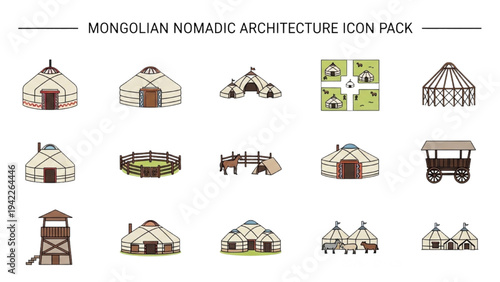 Mongolian Nomadic Architecture Icons Featuring Yurts and Ger