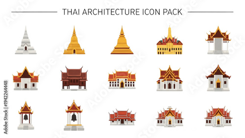 Collection of Thai Architecture Icons Featuring Temples and Buildings