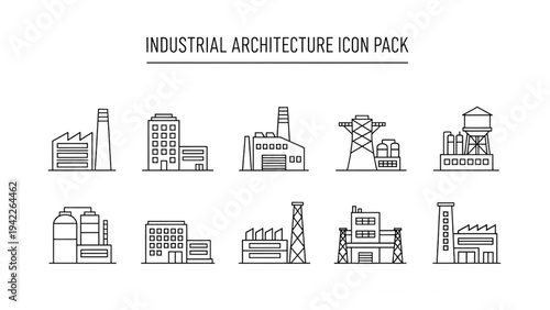 Industrial architecture icons set on white background from various viewpoints