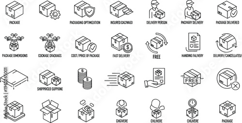 Logistic delivery and parcel shipping icon set featuring cardboard packages drone transport courier services and distribution center logistics.